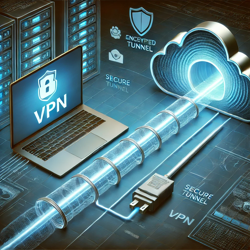 Абстрактная кибербезопасность – силуэт замка с цифровыми элементами, символизирующий защиту данных.
Схематическое изображение VPN – устройство (например, ноутбук) подключается к зашифрованному туннелю, ведущему к серверу.